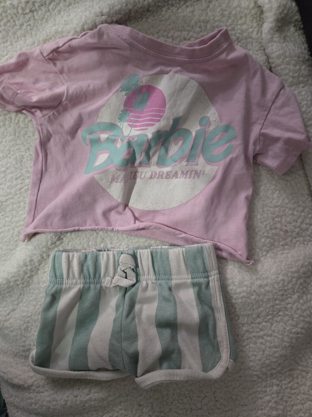 Barbie Pink Tee with Mint Teal Logo and Mint-White Striped Shorts
